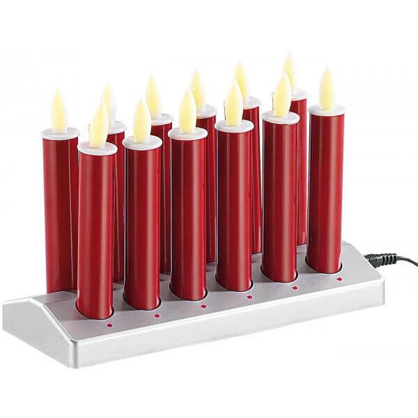 12 stimmungsvolle LED-Akku-Kerzen mit Edelstahl-Haltern, rot
