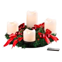 Adventskranz mit weißen LED-Kerzen, rot geschmückt